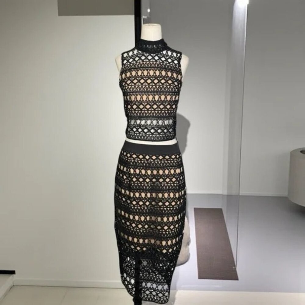 STRUT & BOLT - Two piece Set Lace Crotchet Crop Top & Skirt - Black & Nude